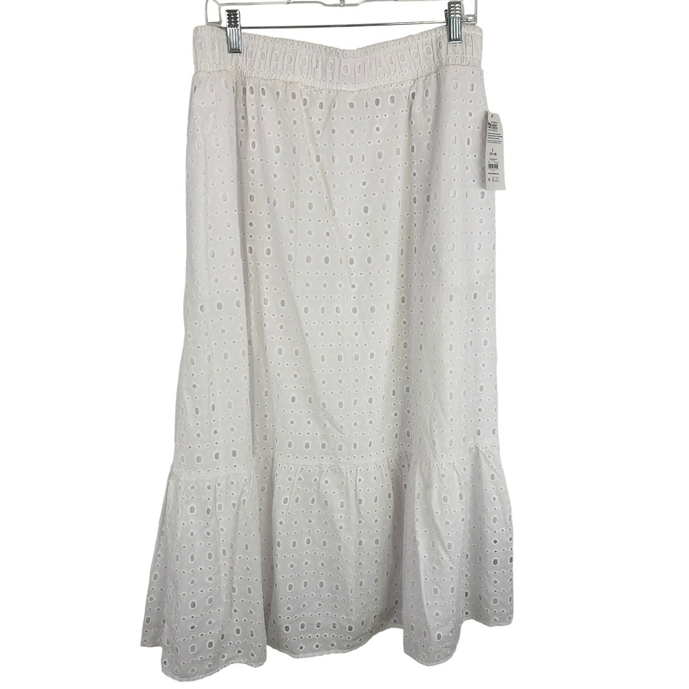 Women Boho‎ Cottagecore Garden Party Eyelet Lined Maxi Skirt Tiered Cotton L